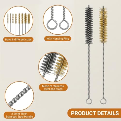 16Pcs Brass Stainless Steel Wire Brushes Tube Cleaning Bottle Brush Set