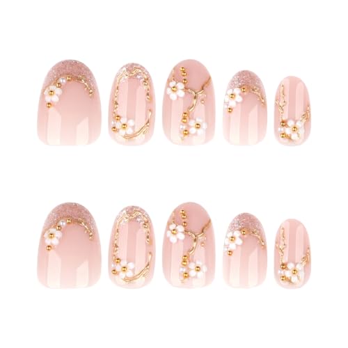Mivota New Chinese Style 3D White Floral Press On Nails — Soft Nude Translucent Almond Nails with Gold Metal Lines, Pearls & Silver Glitter Accents, Elegant Handmade Bling Nail Set for Women - color: 82-Oval gold thread pearl flower