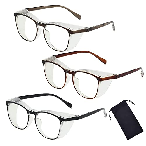 Safety Glasses for Men Women, Anti Fog Safety Goggles Comfortable Blue Light Blocking UV Protective Adult Nurse - color: Square Black Grey Brown 3pack