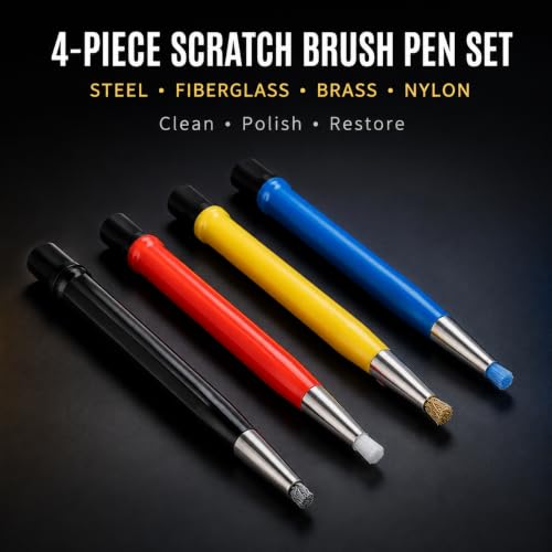 4 Piece Fiberglass Scratch Brush Pen Set with Steel, Brass, Nylon Tips