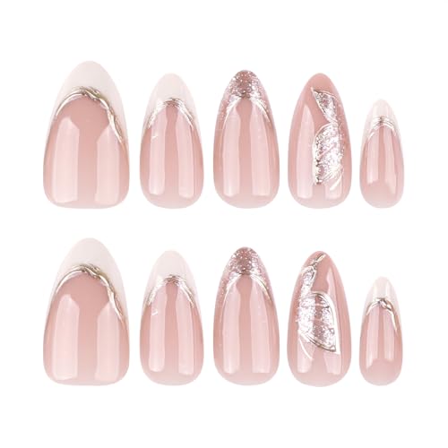 Mivota Medium Press On Nails Almond – Nude & White French Tips with Gold Foil and Glitter Accents, 24PCS Acrylic Fake Nails Kit with Glue and Tools, Elegant Glossy Stick On Nails for Women - color: 52-White Tip Gold Thread Butterfly