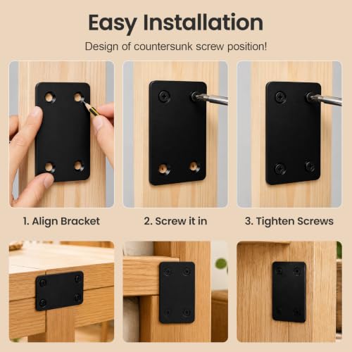 16 Pcs Metal Flat Straight Brace Brackets, Black Flat Stainless Steel Mending Plates for Wood Tables, Cabinets, Furnitures, Fences, 2.4 x 1.5 Inch Joining Fixing Brackets