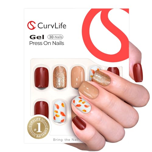 CurvLife Short Square Press On Nails, Autumn-Inspired Brown, Soft Gel - color: Autumn-Inspired Brown Nails with Glitter and Leaf Design
