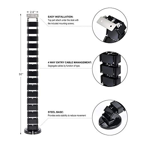 Vertebrae Cable Management Spine, Quad Entry Organizer for Height Adjustable Desk, Black