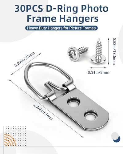 Picture Frame D-Ring Hangers with Screws 30 Pack, Double Hole Hanging Hardware for Photo Frames, Wood Frames and Wall Art – 60 Screws Included, Stainless Steel.