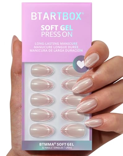 BTArtbox Press On Nails, Peppermint Kiss, Short Almond, French Tip, 32Ct - color: A7-Peppermint Kiss