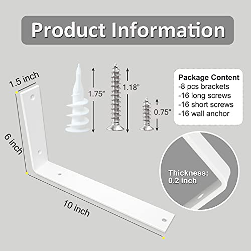 Shelf Brackets 10 Inch Wall L Brackets 8PCS Heavy Duty for Shelves Metal White Rustic Industrial Brackets for DIY Opening Shelves Project Hardware Included - size: 10 Inch, style: White-8 Pack