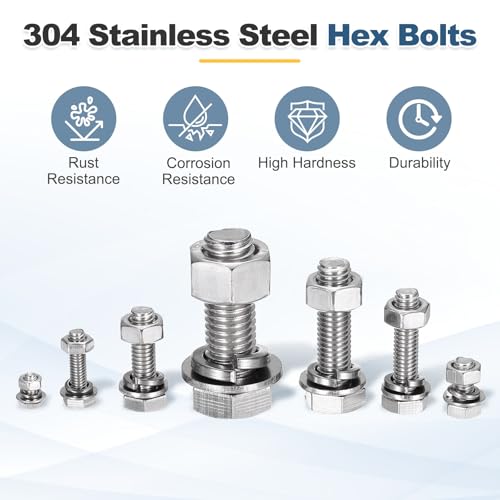 MECCANIXITY M12 x 170mm 304 Stainless Steel Hex Head Screws Bolts, Nuts, Flat & Lock Washers Assortment Kit, Fully Threaded, Bright Finish for Home, Electronic, Machine, 1 Sets - size: M12 x 170mm