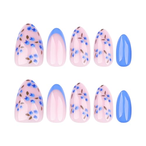 Summer Fall Press On Nails Short Almond, Nude and Blue Fake Nails Featuring Blue Floral Accents, Glossy Finish Acrylic Nails, Thick Reusable Glue On Nails for Women, 24Pcs - color: 41-Blue Petal