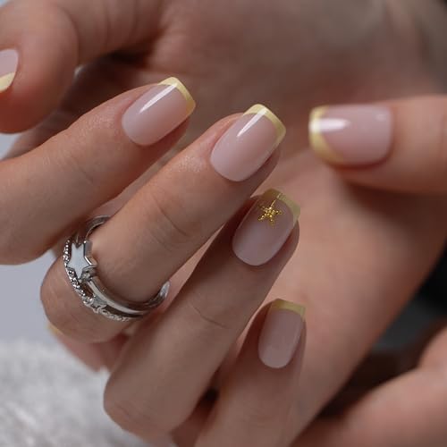 CurvLife Short Square Press On Nails, Honey Drift Honey Yellow, Soft Gel - color: Butter Star