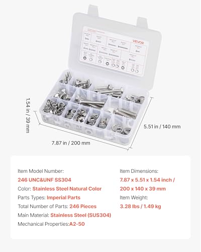VEVOR 246 Pcs Bolts and Nuts Assortment Kit, Imperial Screws and Flat Washers, Stainless Steel 1/4-20,5/16-18,3/8-16, Spring Lock Washers for Furniture/Equipment/Vehicle Assembly with Case - size: 246 PCS - Imperial (1/4-20, 5/16-18, 3/8-16)