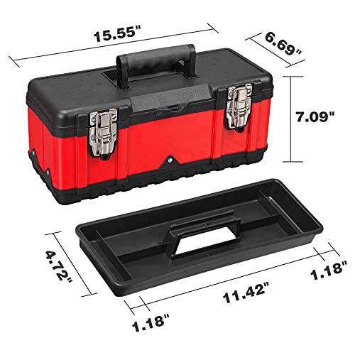 Jack Boss Steel Tool Box 15.5 Inch Small Portable Tool Organizer Box with Built-in Short Non-slip Handle Car Box with Removable tray (Pack of 2) - size: 15.5Inch (Pack of 2)