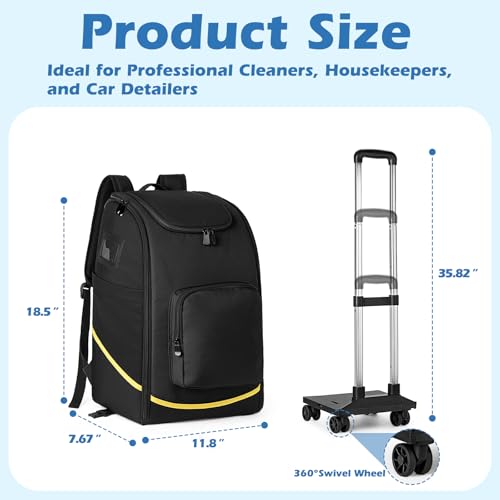 Rolling Cleaning Caddy Bag with Wheels, Large Cleaning Supplies Organizer Backpack with Detachable Trolley and Cleaning Apron for Housekeepers, Home, Hotel & Car Detailing - color: A01-black