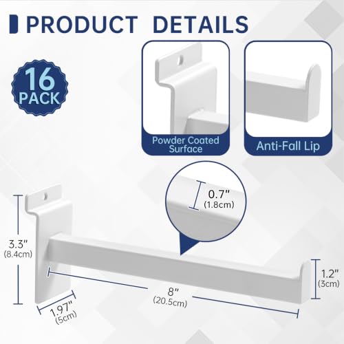16 Pack Heavy Duty Tube Slatwall Shelf Brackets, Metal Tubular Slat Wall Brackets with Lip, Slatwall Accessories for Garage, Retail, and Home Storage - size: 8 Inch, style: White