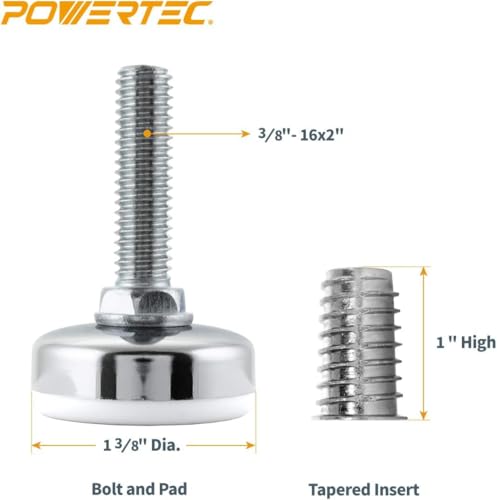 POWERTEC Threaded Leveling Feet 4PK with 3/8"-16 Threaded Inserts, Heavy Duty Adjustable Furniture Levelers with Large Nylon Foot for Cabinets, Benches, Tables & More (71189) - size: Leveling Feet Insert, Set of 4