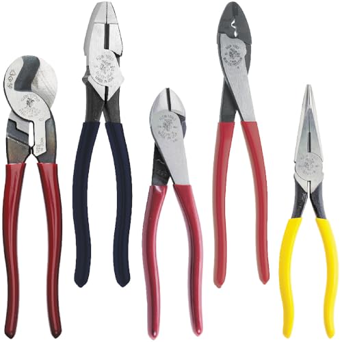Klein Tools 80087 Dipped Plier Kit, Made in USA, Diagonal-Cutting, Needle-Nose, Side-Cutting High Leverage Linesman Pliers, Cutter and Crimper, 5-Piece - style: 5-Piece Kit