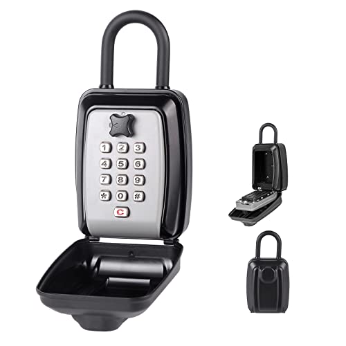Key Lock Box, Large Capacity Key Storage Box with Hanging Ring, 12-Digit Keyboard Combination, Resettable Code, Waterproof Security Lock Box for Home, Office, Outdoor - style: with Hang Ring