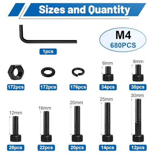 680Pcs M4 Screw Hex Socket Head Cap Bolt Kit 6-30mm 12.9 Alloy Steel - size: G12.9 M4 680PCS