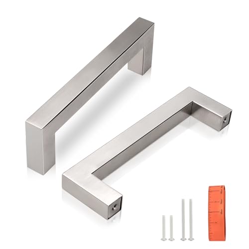 KNOBWELL 6 Pack 3-3/4 in Kitchen Cabinet Handles Brushed Nickel, Satin Stainless Steel Dresser Drawer Pulls, Square Vanity Cupboard Handles, Overall Length 4-1/5" - color: Brushed Nickel, size: Hole Center:3-3/4 inch(96mm)