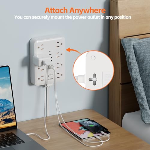 Power Strip 10ft Cord 8 Outlet 6 USB Surge Protector Flat Plug White - size: 10 feet