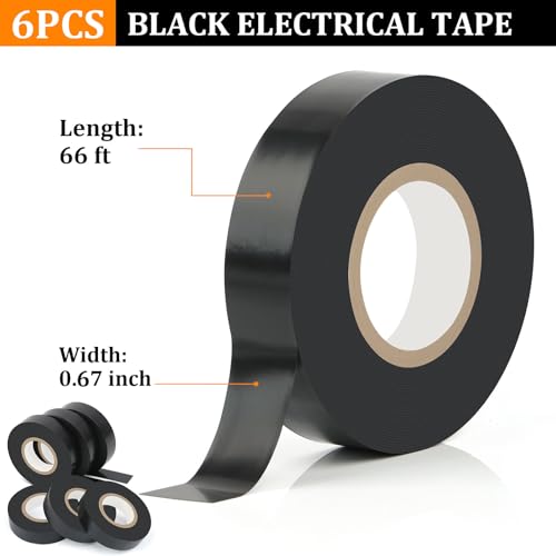 6 Pack Black Electrical Tape, 66 Ft Waterproof Electric Tape Black