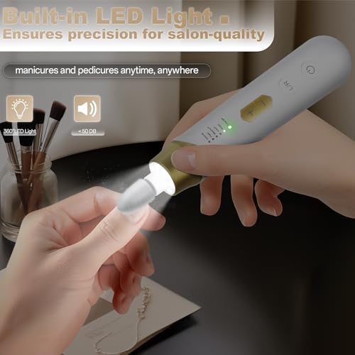 Electric Nail File Drill 2000 mAh Cordless Rechargeable Nail Filer LED Lamp - color: Golden