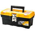 CANOPUS Plastic Toolbox, 12.5-inch Portable Tool Box with Metallic Clutch, Tool Organizer with Extra Storage Tray for Home Tools, Nails and Pins, Black-Yellow