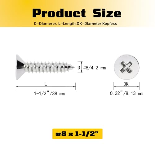 #8 x 1-1/2 inch Flat Head Wood Screws, 304 Stainless Steel Phillips Drywall Screws and Tapping Screws, High Hardness Screws for Drywall, Sheetrock, Wood (50 Pcs) - size: #8 x 1-1/2"
