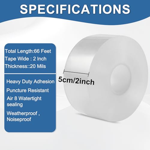 Transparent Window Weather Sealing Tape 2IN x 66 FT Draft Isolation No Residue Removable Adhesive Waterproof Windows Doors Shower Glass AC Units Ideal for Winter Seal & Summer Cold Air Loss Prevention - size: 2 In x 66 FT