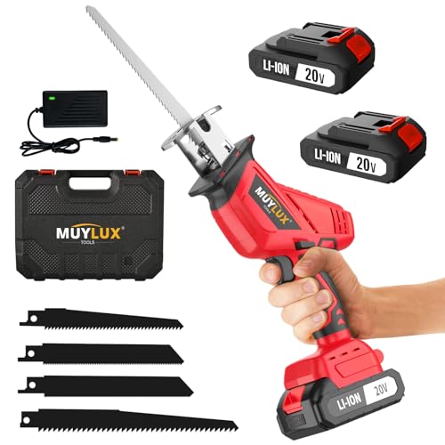Cordless Reciprocating Saw, Electric Saw with Battery and Charger, 20V Battery Power Saws, 0-3500 SPM Variable Speed, Tool-Free Change, 4 PCS Blades for Wood PVC Metal Pipe Tree Cutting, 2 Batteries - style: Red 2 Batteries