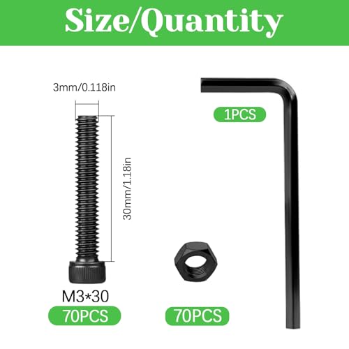 140Pcs M3 x 30mm Hex Socket Head Cap Screws Bolts, Carbon Steel, Black Oxide Finish, Allen Socket Drive, Full Threads,with Hex Spanner - size: M3 x 30-140Pcs