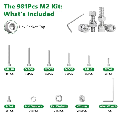 981 Pcs M2 Hex Socket Cap Screws Nuts Washers Wrench Kit, 304 SS - size: SS M2 981pcs 3