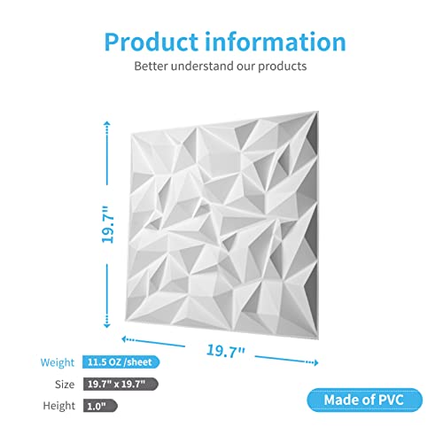 Art3d Textures 3D Wall Panels White Diamond Design for Interior Wall Decor Pack of 12 Tiles 32 Sq Ft (PVC)