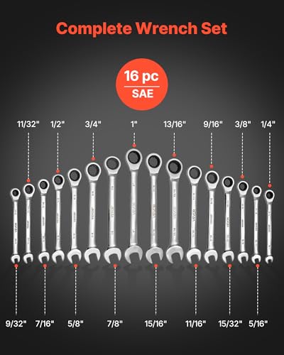 VEVOR Combination Wrench Set, 16-Piece SAE Sizes, 72 Teeth, Cr-V Steel Ratcheting Wrench Set, with Roll Up Pouch, Open End, Clear Size Labels, for General Household and Automotive Repairs, Silver - size: 16PCS (SAE), style: Regular