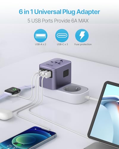VINTAR Universal Travel Adapter 30W, 6-in-1 with 3 USB-C & 2 USB-A, Purple - color: 30W Purple