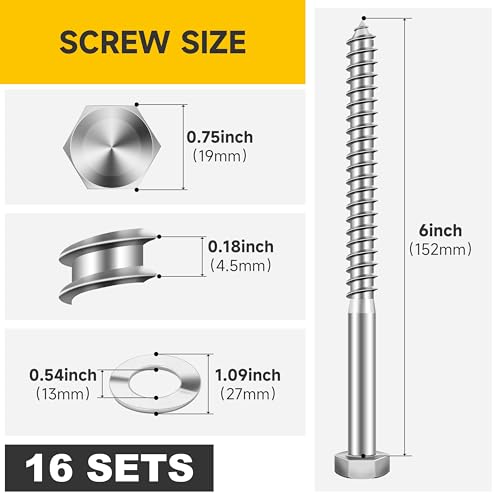 (16Sets) 1/2" x 6" Hex Head Lag Bolts, Heavy Duty Lag Screws with Washers, 304 Stainless Steel Bolts 18-8, Lag Screws Wood Screws, Partial Thread Bright Finish, 1/2 Bolt by Mywish - size: 1/2 x 6" (16 set)