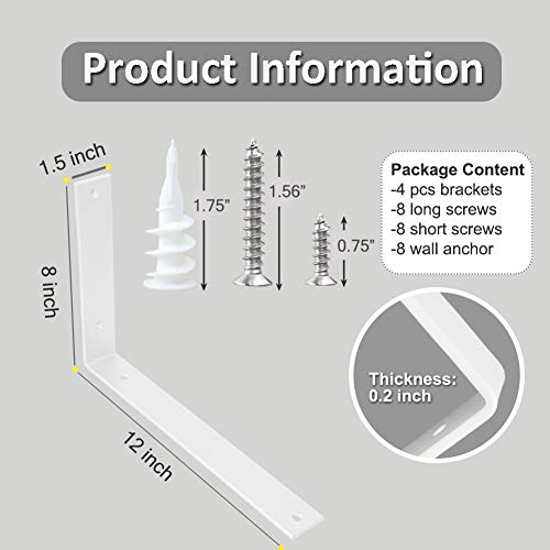 Shelf Brackets 12 Inch Wall L Brackets 4PCS Heavy Duty for Shelves Metal White Rustic Industrial Brackets for DIY Opening Shelves Project Hardware Included - size: 12 Inch, style: White-4 Pack