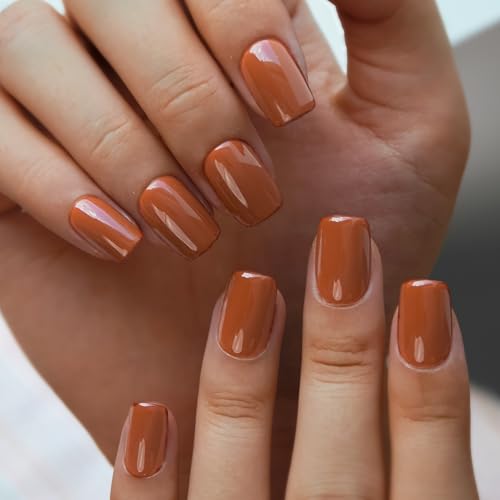 CurvLife Short Square Fall Press On Nails, Orange Red Solid, Soft Gel - color: Orange Red Solid
