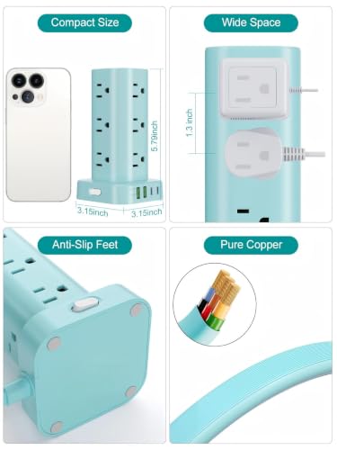 6FT Power Strip Tower Surge Protector, 12 Wide Spaced Outlets, 4 USB - color: Blue, size: 6FT without Wireless Charging