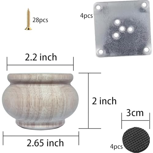 2 Inch Wooden Furniture Legs Unfinished Wood Bun feet, Wood Sofa Replacement Legs for Armchair Cabinet Chair Dresser Home DIY Projects Set of 4 (2 Inch) - size: 2 Inch