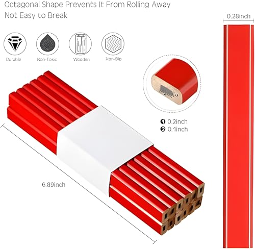Bexter Carpenter Pencil Set with Sharpeners – 20 Red Flat Woodworking Marking Tools + 2 Sharpeners for Construction, Carpentry, Framing & DIY