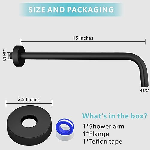 Shower Arm with Flange, 15 Inches Wall Mount Replacement Extension Showerhead Arm For Fixed Shower Head, Matte Black - color: Matte Black, style: 15 Inch