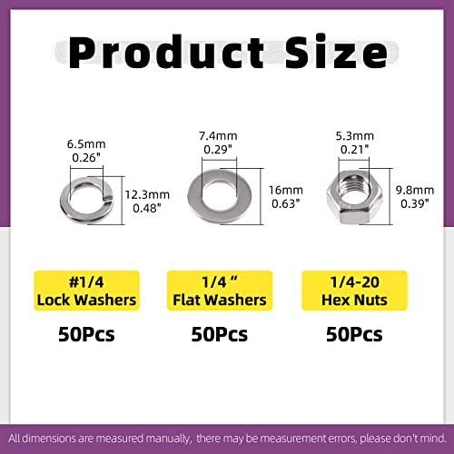 Swpeet 150Pcs SAE 304 Stainless Steel 1/4-20" Hex Nuts and #1/4 Flat Washers with #1/4 Split Lock Washers Assortment Kit, Coarse Thread Hexagon Nut for Home Automotive Shop Use - size: #1/4-20 Hex Nuts & Washers