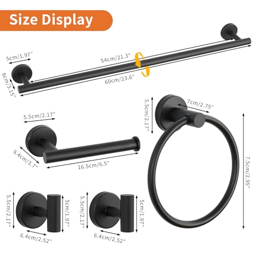 5-Piece Matte Black Bathroom Hardware Set, Towel Racks Set for Bathroom SUS304 Stainless Steel Toilet Paper Holder Wall Mounted, 24 Inch Modern Bathroom Accessories Kit - color: A-24 Matte Black