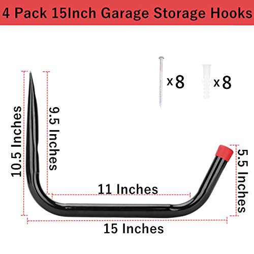 Heavy Duty Garage Storage Hooks,15Inch Jumbo Arm Kayak Wall Hangers 100 LB Capacity, Steel Canoe Rack for Outdoor or Indoor - size: 15inch(4Pcs)