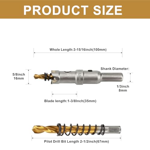 TCT 5/8" Hole Saw Kit Tungsten Carbide Tipped Hole Saw Drill Bit with Titanium-Plated Pilot Drill bit for Metal, Stainless Steel, Iron (16MM) - size: 16MM | 5/8''