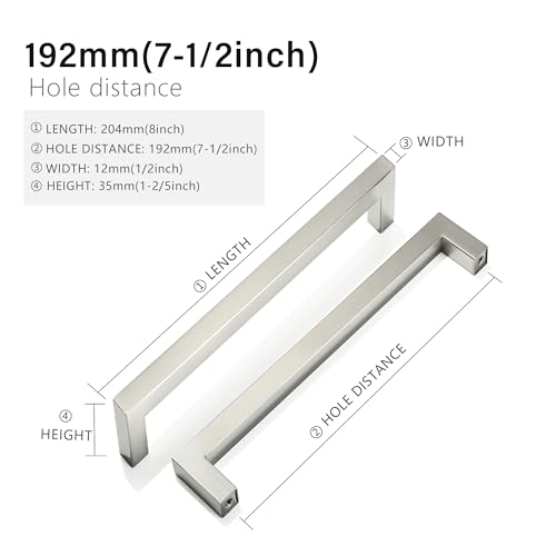 Cabinet Pulls Brushed Nickel Cabinet Handles Square Drawer Pulls, 5 Pack 7-1/2 Inch Stainless Steel Kitchen Door Cupboard Cabinet Handles, Cabinet Hardware Drawer Handles, 192mm Hole Centers - color: Brushed Nickel, size: Two Hole - 7-1/2 inch Hole Center