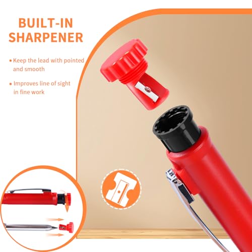 4 Pack Carpenter Pencil with Sharpener, Mechanical Pencils Set with 28 Refills, Construction Pencil Heavy Duty Woodworking Pencils (Red, Black, Yellow, Blue) Deep Hole Long Nib Marker Pens
