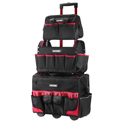 HAUTMEC 3-Piece Rolling Tool Bag Set - 18" Tool Bag with Wheels & Telescoping Handle, 15" Open Top Tool Tote & 12" Wide Mouth Small Bag, Heavy-Duty 1680D Water-Resistant Tool Storage - style: 3-Pcs Set | Red