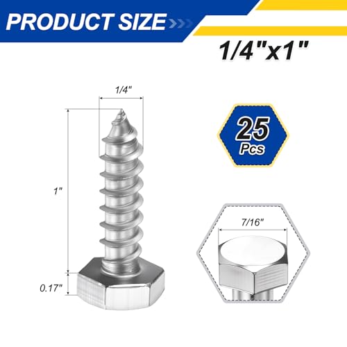 25 Pcs Hex Head Lag Screws 1/4"x1" SS 18-8 (304) Lag Bolts - color: Silver, size: 1/4"x1"
